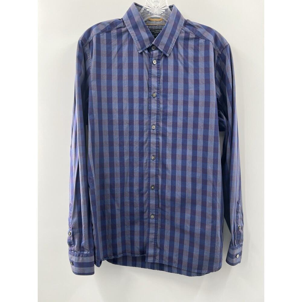 Ted Baker Men’s Long Sleeve Cotton Button Down Purple Stripe Shirt Size 4 Large